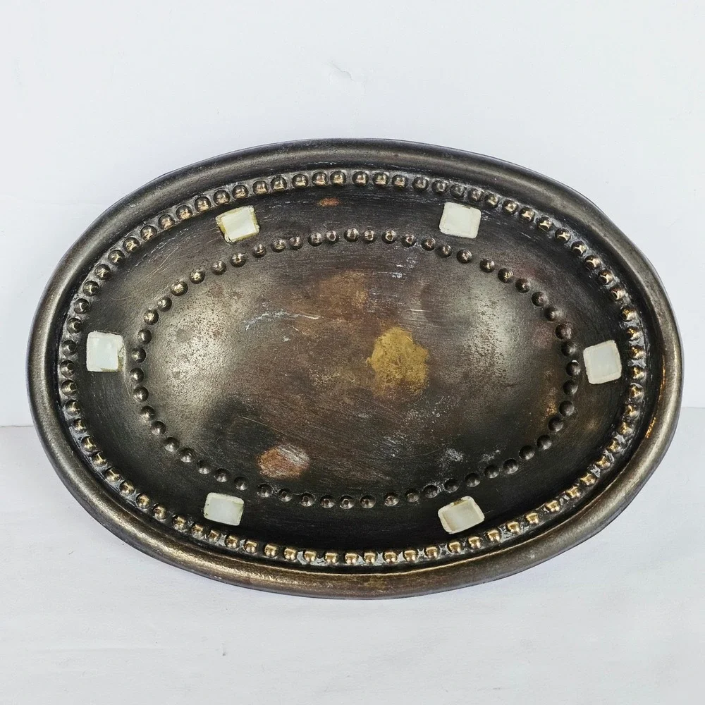 Vintage Metal Oval Trinket Dish Mother of Pearl Inlay Footed Bowl Gothic Decor